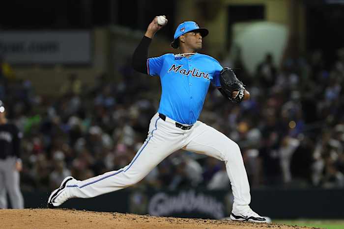 Mar 4, 2024; Jupiter, Florida, USA; Miami Marlins starting pitcher Edward Cabrera (27) delivers a pitch against the New York Yankees during the fourth inning at Roger Dean Chevrolet Stadium.